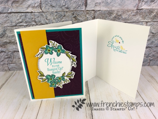 I made these lovely cards using the Floral Frames to welcome my new teammates. All detail to join us on my blog at frenchiestamps.com best deal is you get $175 of Stampin'Up! products for only $99 and it ship to you for free. 