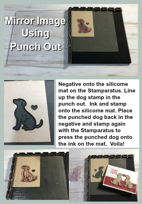 How to have a perfect mirror image with punch out image. Simple way with the negative, silicone mat and the Stamparatus. Happy Tail and the Dog Builder punch all products by Stampin'Up! available at frenchiestamps.com It make a sweet valentine card with 2 dog facing each other.