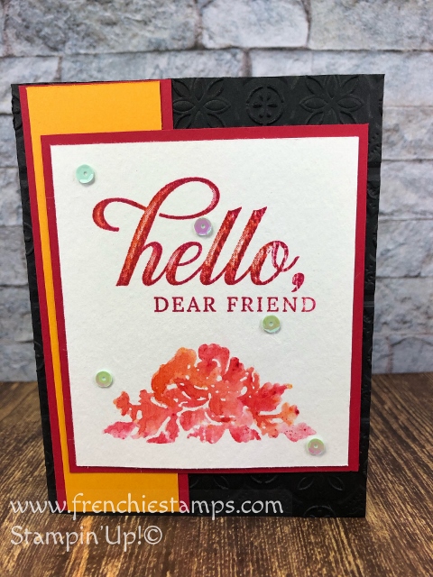 How to use the Stamparatus and Brusho for a fun Stamp wash on watercolor paper. Stamp Set Floral Phrases and Live is Grand. All product by Stampin'Up! available at frenchiestamps.com
