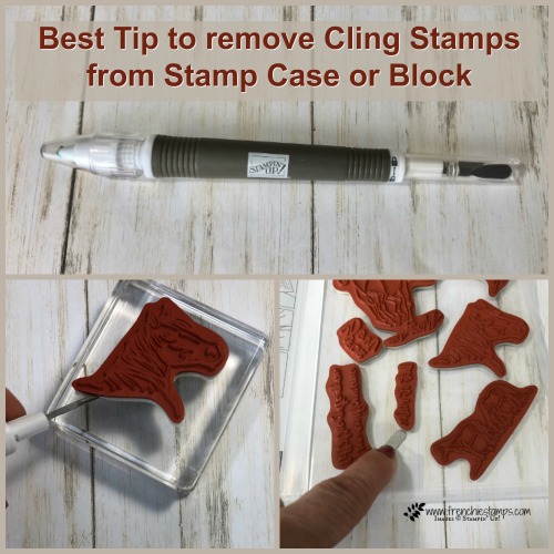 Best tip to remove cling stamps from case or clear block. The pick tool is the best tip to do the job. The pick took by Stampin'Up! available at frenchiestamps,com