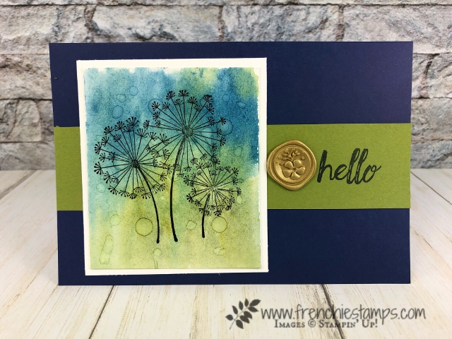 Water Drop on Brusho for a cool background. Stamp Set Dandelion Wishes. All product by stampin'Up! available at frenchiestamps.com