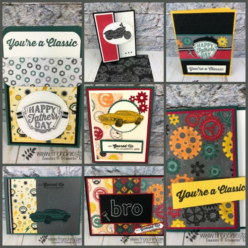 Masculine cards using the Garage Gears Thinlits,  Classic Garage Designer paper, All products by Stampin'Up! available at frenchiestamps.com 