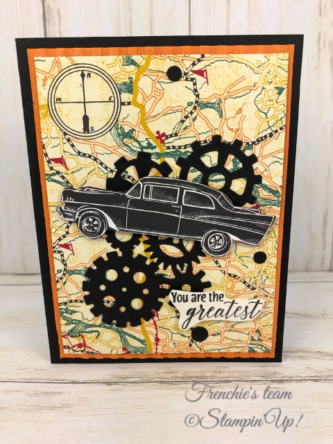 Geared up Garage Stamp set, Garage Gears Die and Classic Garage Challenge with Frenchie's Team. All product by Stampin'Up! avaialble at frenchiestamps.com