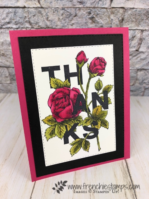 Simple card with the Floral Statement and tip to die cut with a stitched rectangle die. All product by Stampin'Up! available at frenchiestamps.com 