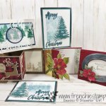 Christmas in July card class on You Tube with Frenchie and Holly. Stamp sets are Winter Woods, Dashing Deer, Bokeh Dots, A Wish For Everything, Good Morning Magnolia, Woven Heirlooms, Merry Christmas to All, Rooted In Nature, Buffalo Check, Waterfront. All product by Stampin