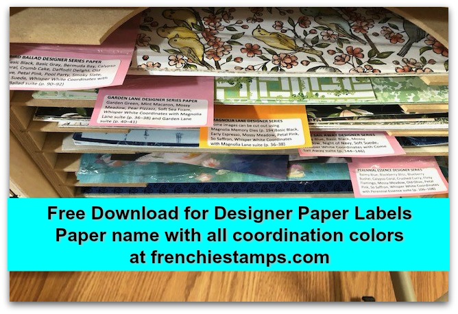 Free download for 2019-2020 Designer paper. Name of the paper with coordination colors. Awesome tool to organize your designer paper. get your free download at frenchiestamps.com 