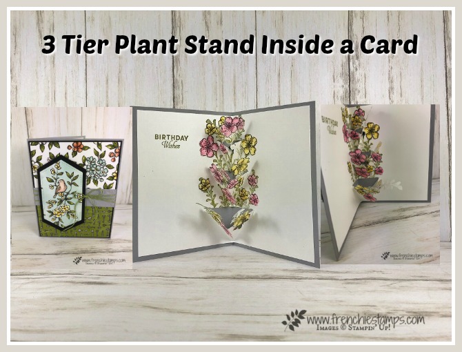 How to make a 3 tier plant stand inside a card. Stamp set Free As A Bird, First Frost and Butterfly Wishes. All products from Stampin'Up! available at frenchiestamps.com 