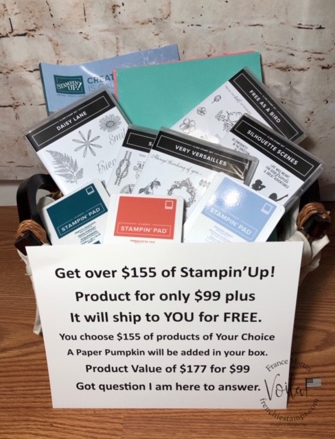 Want to get over $155 of Stampin'Up! product for only $99 and get it ship to you for free? If So join Frenchie's team in July or august 2019 and you will get this awesome deal. Detail at frenchiestamps.com