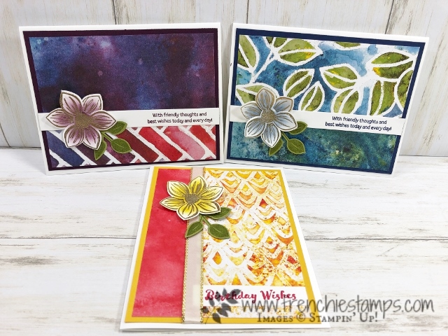 See A Silhouette Designer paper with Floral Essence stamp set for simple cards. Gold Heat Emboss and sponging for technique. All products by Stampin'Up! available at frenciestamps.com  #stampinup #stamping #frenchiestamps #cardmaking #papercrafts #handmadecards #seeasilhouettedesignerpaper 