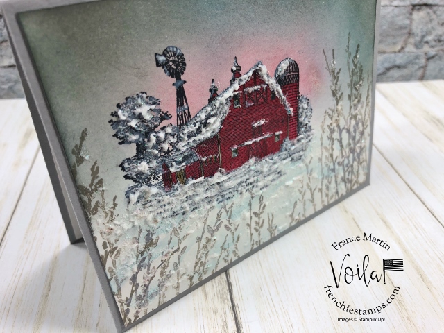 Lovely winter scene with the Heartland and Country Road stamp set. Embossing past or White craft ink. A few sample all at frenchiestamps.com All product by Stampin'Up! availabe at frenchiestamps #stampinup #stamping #frenchiestamps #cardmaking #papercrafts #handmadecards #stampingtechniquehowtovideo 