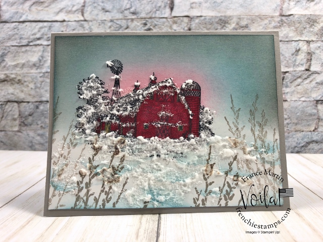Lovely winter scene with the Heartland and Country Road stamp set. Embossing past or White craft ink. A few sample all at frenchiestamps.com All product by Stampin'Up! availabe at frenchiestamps #stampinup #stamping #frenchiestamps #cardmaking #papercrafts #handmadecards #stampingtechniquehowtovideo 