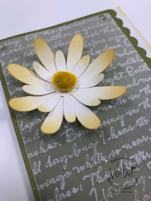 Scalloped Note Cards with Daisy Land.  Use vellum emboss cardstock with the 3D Scripty embossing Folder. Both size of the daisy punch are used to build the daisy. All product by Stampin'Up! available at frenchiestamps.com  #stampinup #stamping #frenchiestamps #cardmaking #papercrafts #handmadecards 