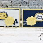 Using the Ornate Frames Die with the Healing Hugs and Magnolia Blooms stamp sets. Night of Navy and Daffodil for a striking color combo.
