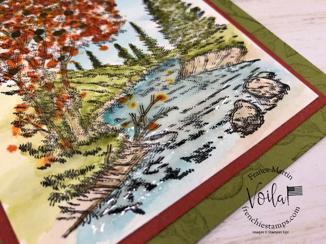 How to get the water look in the river, stamp set Peaceful Place. Shimmery Crystal is perfect for a water look. 