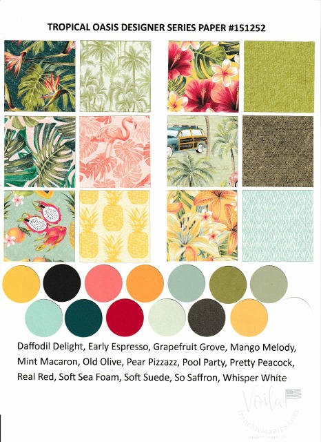 Tropical Oasis Designer Paper by Stampin'Up!. Chart with all prints and coordinate colors.