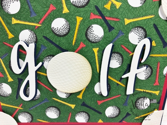 Golf card with Hand-Lettered Prose Dies and golf ball corner pock all take place on this card.  