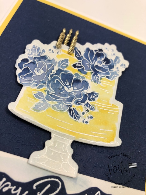 Birthday Die with the Happy Birthday To You stamp set. Sticking card with Daffodil Delight and Night of Navy.