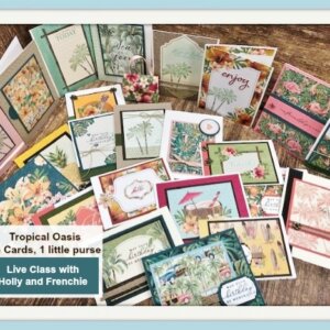 Tropical Oasis Memories and More Cards. Live class on YouTube with Holly and Frenchie. We'll share how to make 23 cards and one little purse using half a pack of the Tropical Memories and more cards.