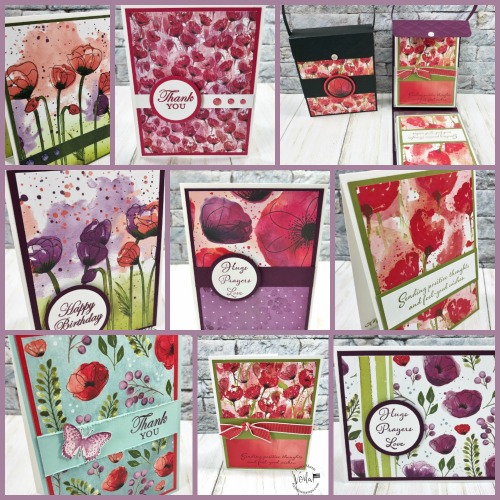 A collection of card with the Peaceful Poppies Designer paper.