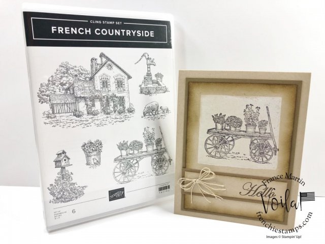 Vintage card with French Countryside stamp set. technique is clear block background. All