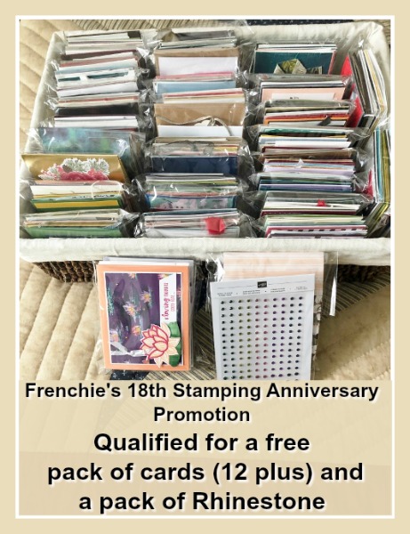 Frenchie’s 18th Stamping Anniversary Promotion, Free pack of Card and Rhinestones and giveaways