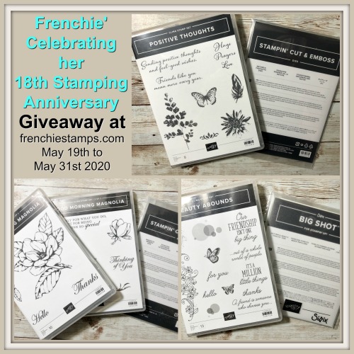 Giveaways at frenchiestamps.com. Beauty Abounds with Butterfly Beauty Die, Good Morning Magnolia with Magnolia Memory Die, Positive Thoughts with Nature's Thoughts dies.