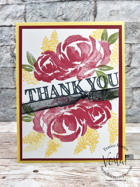 Simple card with Beautiful Friendship stamp set. Striking color combo Daffodil Delight, Cherry Cobbler and Old Olive.