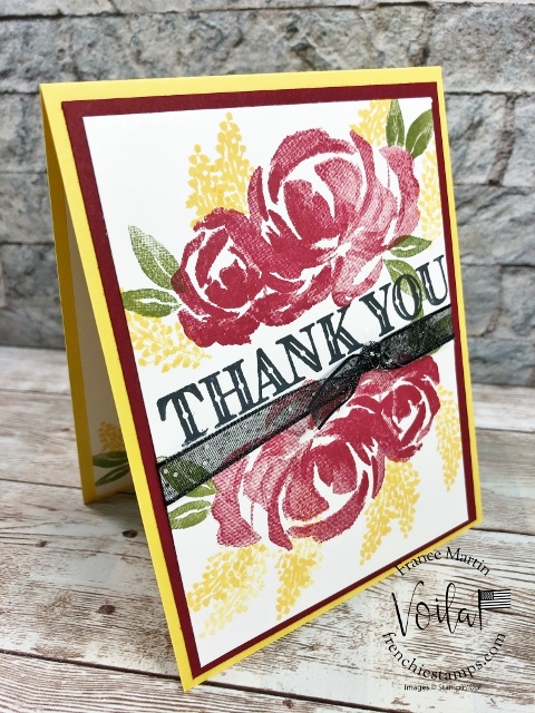 Simple card with Beautiful Friendship stamp set. Striking color combo Daffodil Delight, Cherry Cobbler and Old Olive.